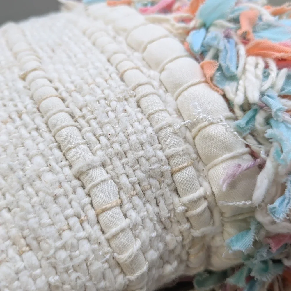 Boho Chunky Textured Woven Throw Pillow Cream Pastel Rag Fringe 10x10